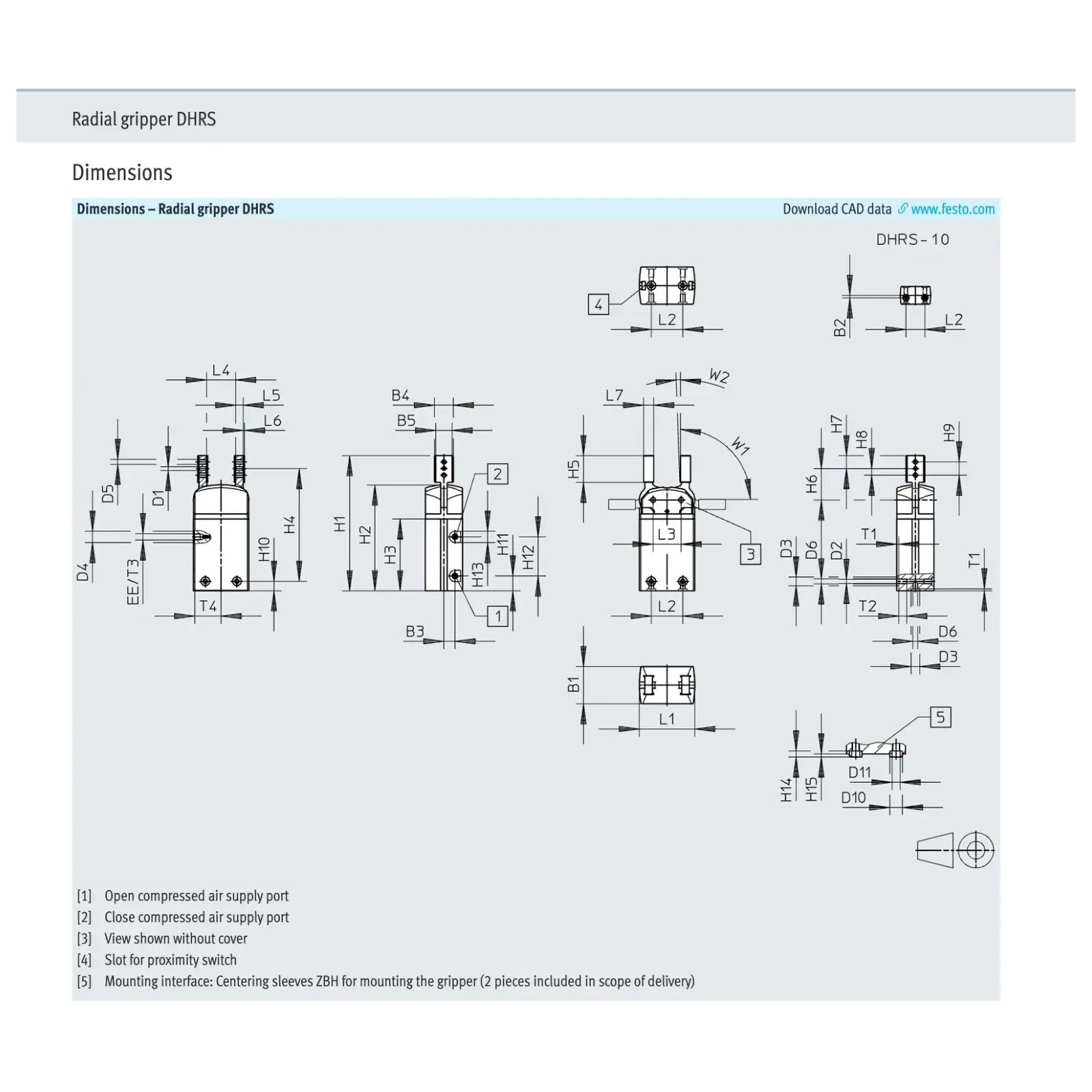 Festo DHRS radial gripper dimension drawing, all sizes