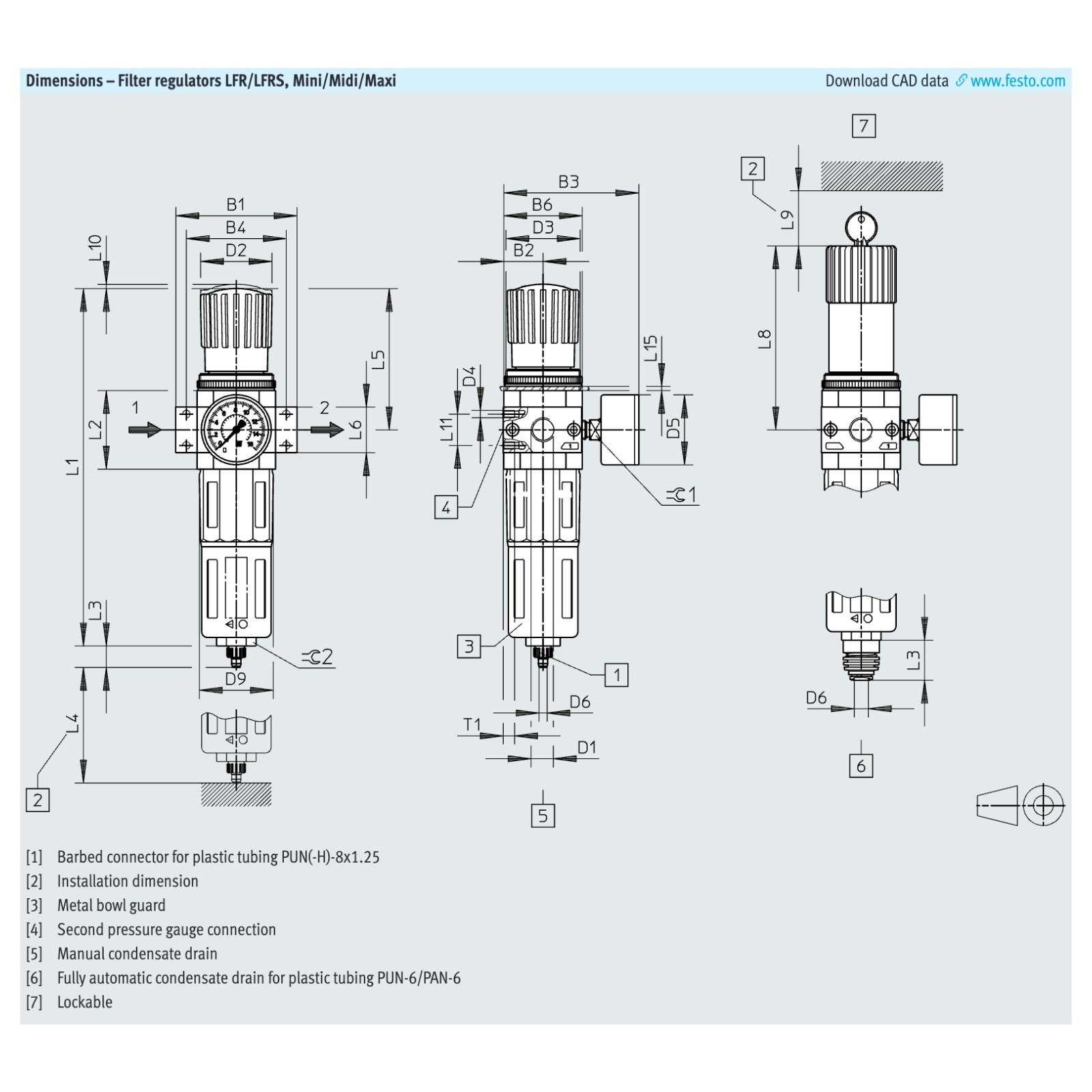 Festo LFR D series filter regulator dimension drawing, Mini Midi Maxi