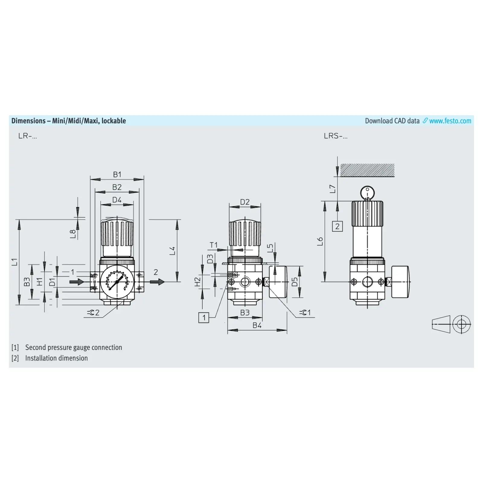 Festo LR D series pressure regulator dimension drawing, Mini Midi Maxi