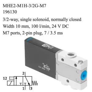 Festo MHE2-M1H-3/2G-M7 solenoid valve, part number 196130, 3/2-way normally closed with M7 connections