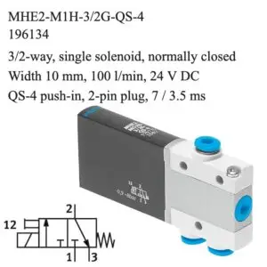 Festo MHE2-M1H-3/2G-QS-4 solenoid valve, part number 196134, 3/2-way normally closed with QS-4 push-in, 4 mm connections