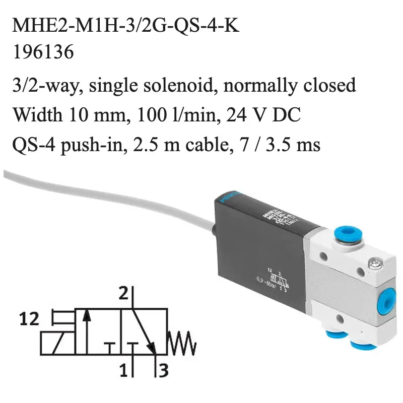 Festo MHE2-M1H-3/2G-QS-4-K solenoid valve, part number 196136, 3/2-way normally closed with QS-4 push-in, 4 mm connections