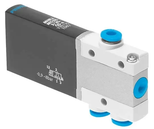 Festo MHE2-M1H-3/2O-QS-4 solenoid valve, part number 196154, 3/2-way normally open with QS-4 push-in, 4 mm connections