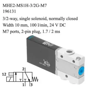 Festo MHE2-MS1H-3/2G-M7 solenoid valve, part number 196131, 3/2-way normally closed with M7 connections