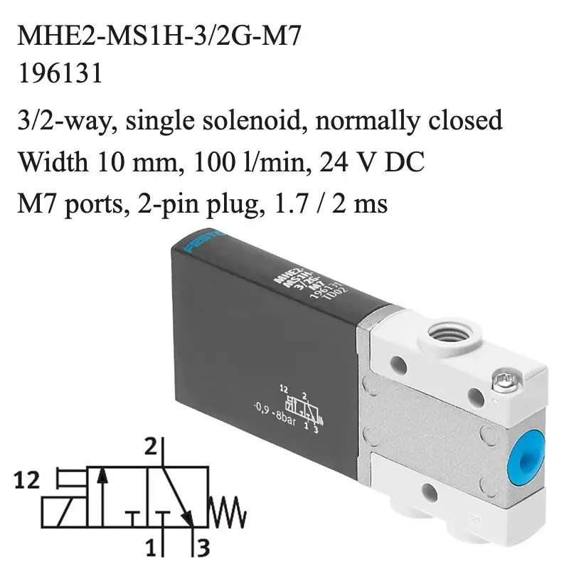Festo MHE2-MS1H-3/2G-M7 solenoid valve, part number 196131, 3/2-way normally closed with M7 connections