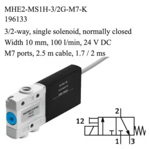 Festo MHE2-MS1H-3/2G-M7-K solenoid valve, part number 196133, 3/2-way normally closed with M7 connections