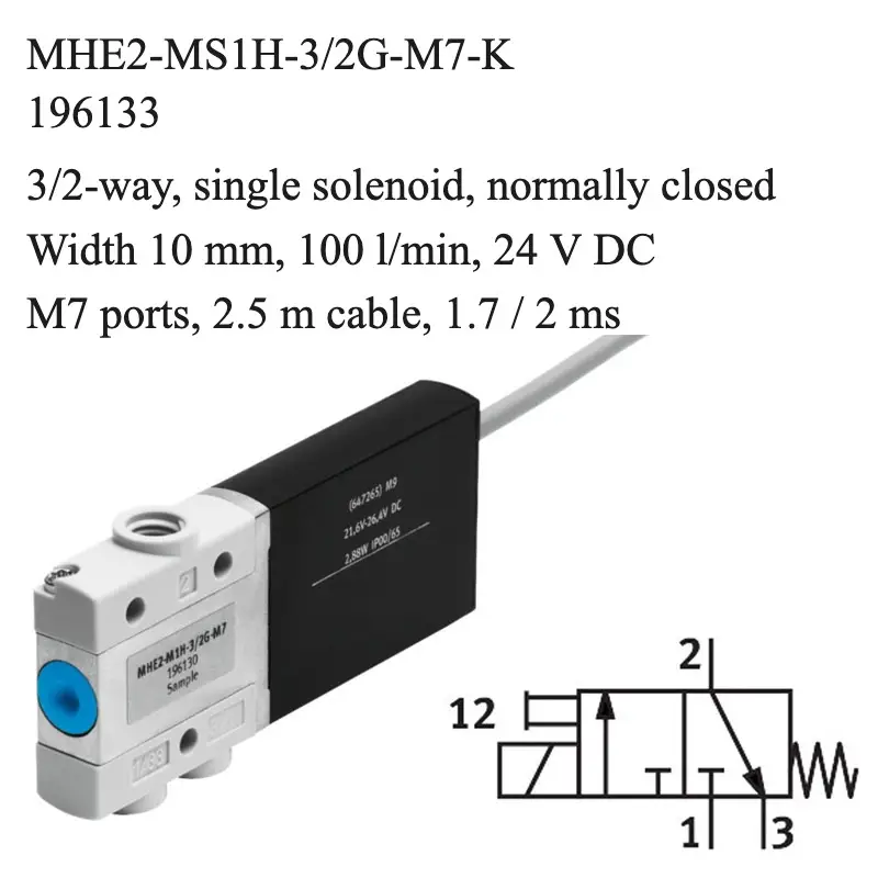 Festo MHE2-MS1H-3/2G-M7-K solenoid valve, part number 196133, 3/2-way normally closed with M7 connections