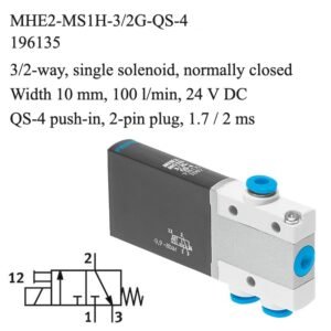 Festo MHE2-MS1H-3/2G-QS-4 solenoid valve, part number 196135, 3/2-way normally closed with QS-4 push-in, 4 mm connections