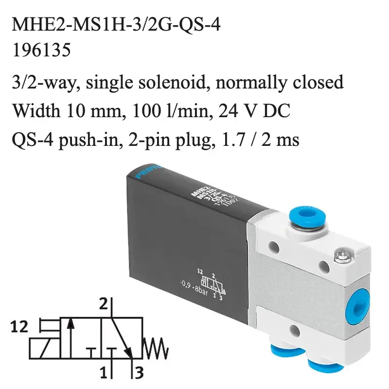 Festo MHE2-MS1H-3/2G-QS-4 solenoid valve, part number 196135, 3/2-way normally closed with QS-4 push-in, 4 mm connections
