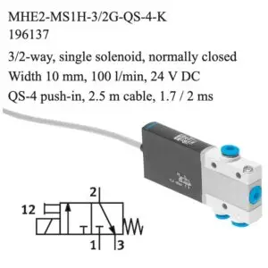 Festo MHE2-MS1H-3/2G-QS-4-K solenoid valve, part number 196137, 3/2-way normally closed with QS-4 push-in, 4 mm connections