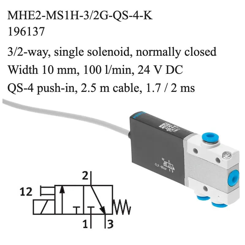 Festo MHE2-MS1H-3/2G-QS-4-K solenoid valve, part number 196137, 3/2-way normally closed with QS-4 push-in, 4 mm connections