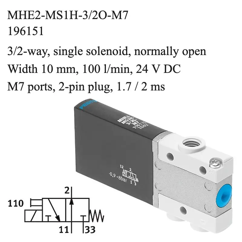 Festo MHE2-MS1H-3/2O-M7 solenoid valve, part number 196151, 3/2-way normally open with M7 connections