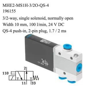 Festo MHE2-MS1H-3/2O-QS-4 solenoid valve, part number 196155, 3/2-way normally open with QS-4 push-in, 4 mm connections