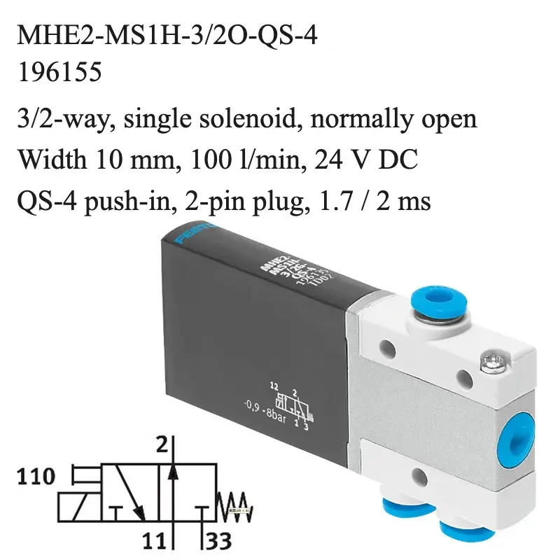 Festo MHE2-MS1H-3/2O-QS-4 solenoid valve, part number 196155, 3/2-way normally open with QS-4 push-in, 4 mm connections