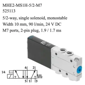 Festo MHE2-MS1H-5/2-M7 solenoid valve, part number 525113, 5/2-way monostable with M7 connections