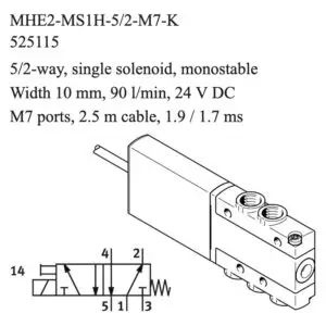 Festo MHE2-MS1H-5/2-M7-K solenoid valve, part number 525115, 5/2-way monostable with M7 connections