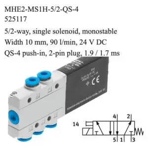 Festo MHE2-MS1H-5/2-QS-4 solenoid valve, part number 525117, 5/2-way monostable with QS-4 push-in, 4 mm connections
