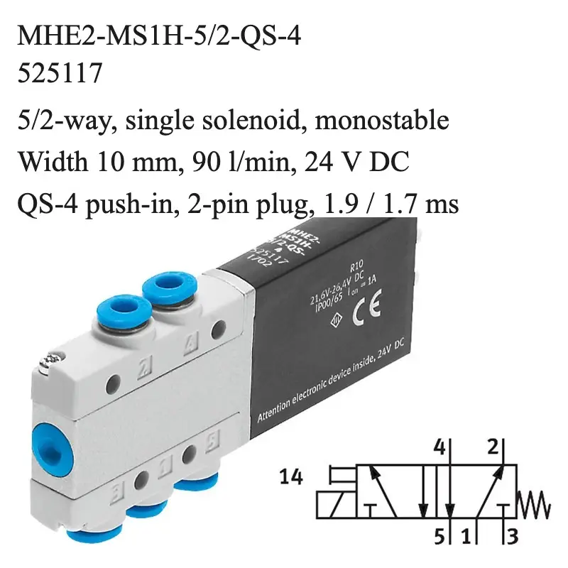 Festo MHE2-MS1H-5/2-QS-4 solenoid valve, part number 525117, 5/2-way monostable with QS-4 push-in, 4 mm connections