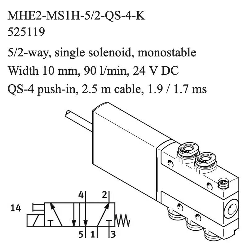Festo MHE2-MS1H-5/2-QS-4-K solenoid valve, part number 525119, 5/2-way monostable with QS-4 push-in, 4 mm connections