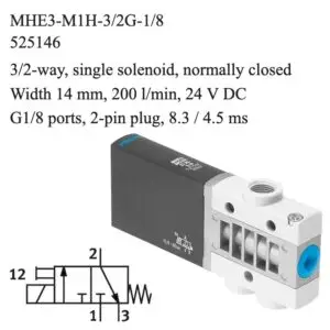 Festo MHE3-M1H-3/2G-1/8 solenoid valve, part number 525146, 3/2-way normally closed with G1/8 connections