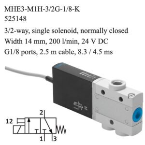 Festo MHE3-M1H-3/2G-1/8-K solenoid valve, part number 525148, 3/2-way normally closed with G1/8 connections
