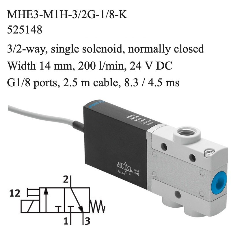 Festo MHE3-M1H-3/2G-1/8-K solenoid valve, part number 525148, 3/2-way normally closed with G1/8 connections