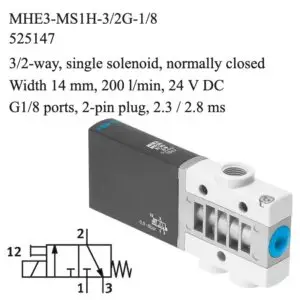 Festo MHE3-MS1H-3/2G-1/8 solenoid valve, part number 525147, 3/2-way normally closed with G1/8 connections