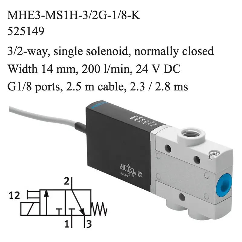 Festo MHE3-MS1H-3/2G-1/8-K solenoid valve, part number 525149, 3/2-way normally closed with G1/8 connections