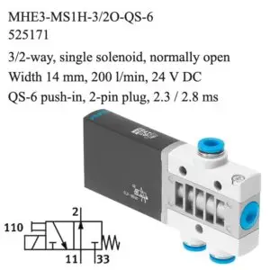 Festo MHE3-MS1H-3/2O-QS-6 solenoid valve, part number 525171, 3/2-way normally open with QS-6 push-in, 6 mm connections