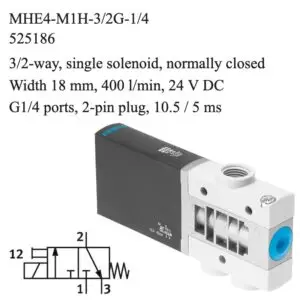 Festo MHE4-M1H-3/2G-1/4 solenoid valve, part number 525186, 3/2-way normally closed with G1/4 connections