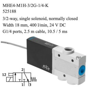 Festo MHE4-M1H-3/2G-1/4-K solenoid valve, part number 525188, 3/2-way normally closed with G1/4 connections