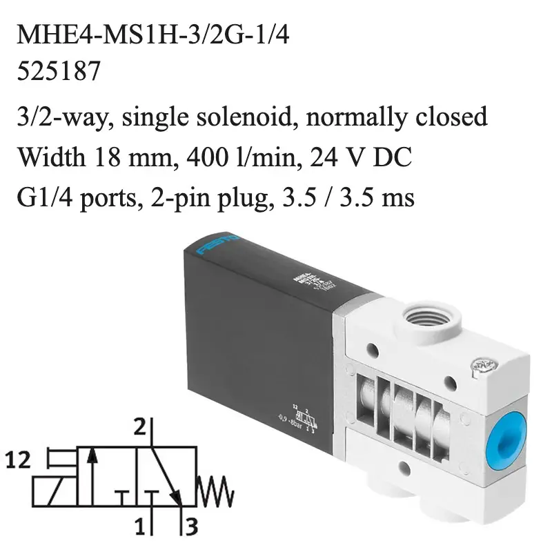 Festo MHE4-MS1H-3/2G-1/4 solenoid valve, part number 525187, 3/2-way normally closed with G1/4 connections