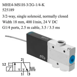Festo MHE4-MS1H-3/2G-1/4-K solenoid valve, part number 525189, 3/2-way normally closed with G1/4 connections