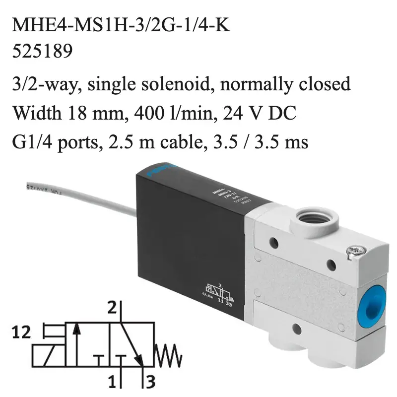 Festo MHE4-MS1H-3/2G-1/4-K solenoid valve, part number 525189, 3/2-way normally closed with G1/4 connections