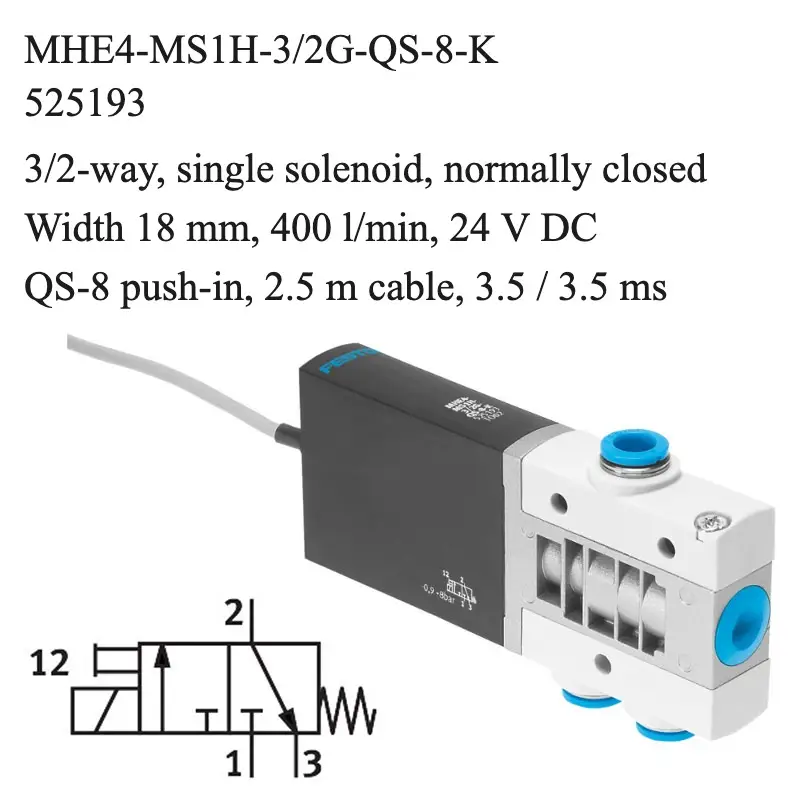 Festo MHE4-MS1H-3/2G-QS-8-K solenoid valve, part number 525193, 3/2-way normally closed with QS-8 push-in, 8 mm connections