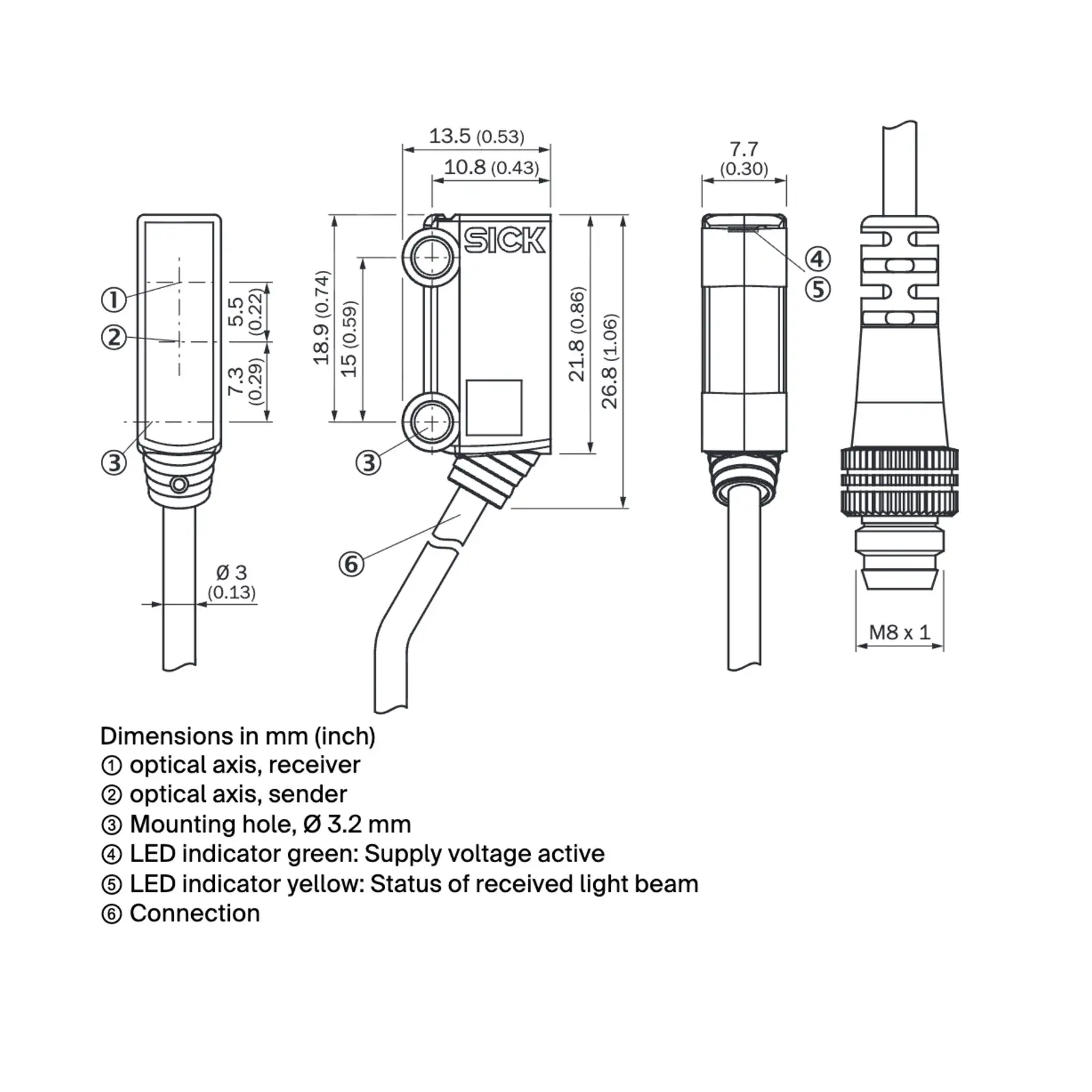 SICK G2 Slim photoelectric sensor dimensional drawing